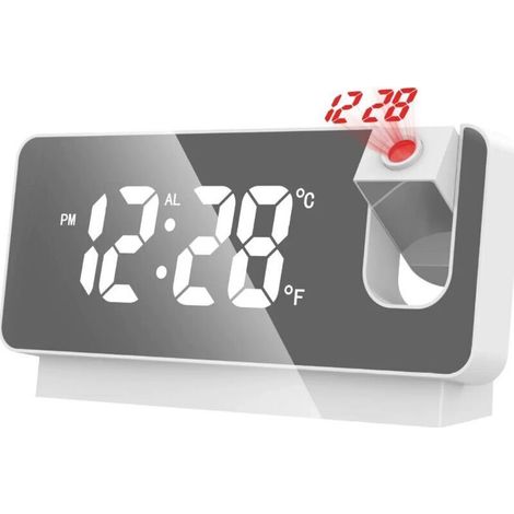 Réveil projecteur, horloge miroir numérique avec projecteur rotatif à 180°, affichage de la température et de la date, fonction alarme, port de chargement USB, pour chambre, maison, blanc (1/2)