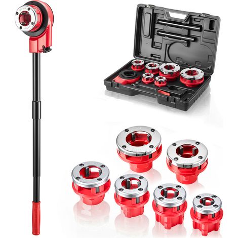 Mophorn Kit de roscado manual para tuberías con trinquete, juego de terrajas con 6 tamaños BSPT de 1/2" a 2" NPT, incluye mango y maletín portátil para instalación y reparación (1/5)