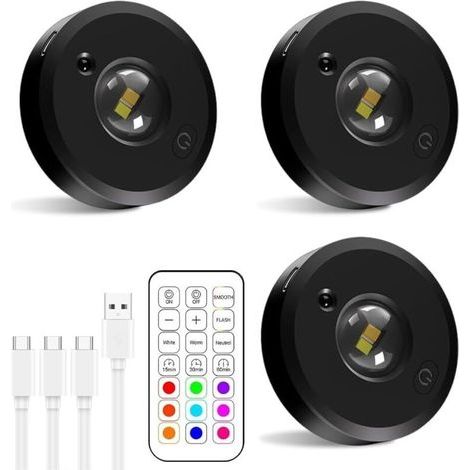 USB rechargeable LED battery, wireless RGB color-changing cabinet lighting with remote control, round indirect lighting with 3 color temperatures and timer (3-pack) (1/5)