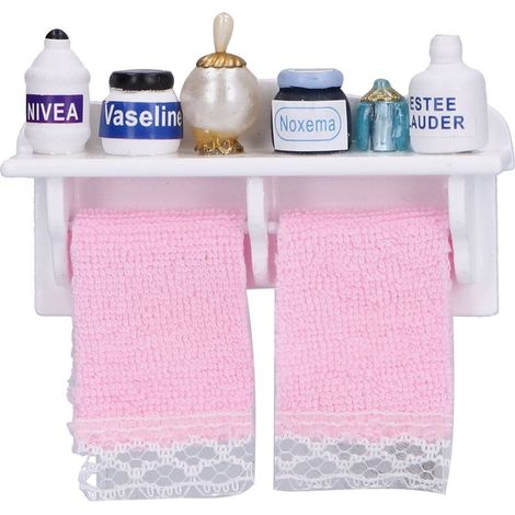 Accessoires Miniatures Salle de Bain Maison de Poupée, Porte-Serviettes en Bois et Bouteilles Décoratives (1/5)