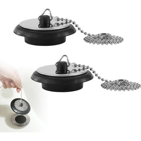 Set of 2 Rubber Chain Plugs, 40 mm, Black, for Kitchen, Bathroom, and Shower (1/3)