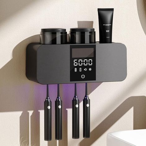 Zahnbürstenhalter mit UV-Sterilisator 4 Fächern für elektrische Zahnbürsten und 2 Zahnbürstenbechern Wandhalterung für Zahnpasta für Kinder und (1/5)