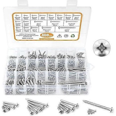 Coffret de 460 vis autotaraudeuses en acier inoxydable, vis à tête fendue, vis à tête cruciforme pour bois et métal, vis à tête ronde (1/5)