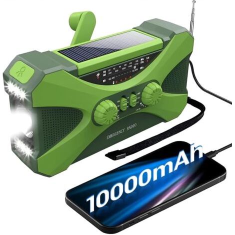 Radio d'urgence Solaire 10 000 Mah, Radio Portable à Manivelle avec Chargeur De TéLéPhone Et Lampe De Poche LED Verte (1/5)