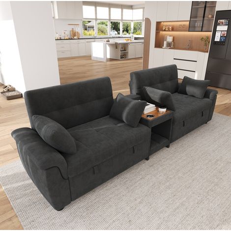 Sofá cama U extraíble con respaldo regulable, 4 cojines, chenilla gris oscuro, 284 cm (1/5)