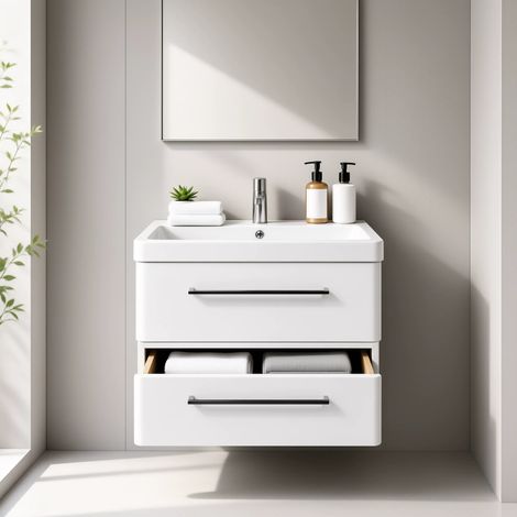 Meuble Salle de Bains avec vasque/lavabo TAHITI 80 suspendu laqué Blanc brillant avec plan résine (1/4)