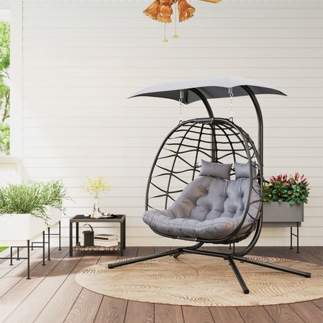 Fauteuil suspendu pliable en osier avec coussin, structure en acier, pare-soleil, gris foncé (1/5)