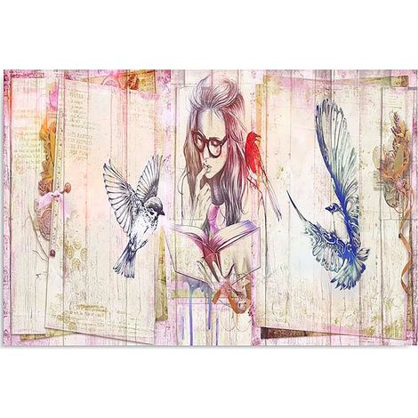 Tableau bois fille avec le livre - 80 x 60 cm (1/4)