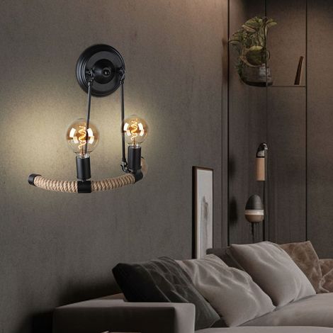 Wandleuchte Hanfseil Retro Wohnzimmerlampe 2 Flammig Wandlampe schwarz, 2x E27 Fassungen, BxHxT 40x35x20 cm