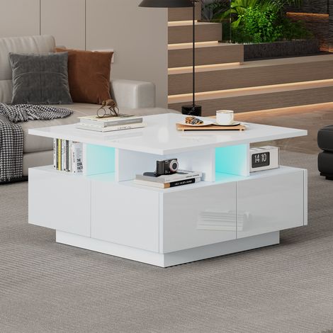 Table basse salon 70x70x40cm, table de café brillante, table de salon LED avec 4 tiroirs, table d'appoint design géométrique, blanche, charge maximale 30kg (1/5)