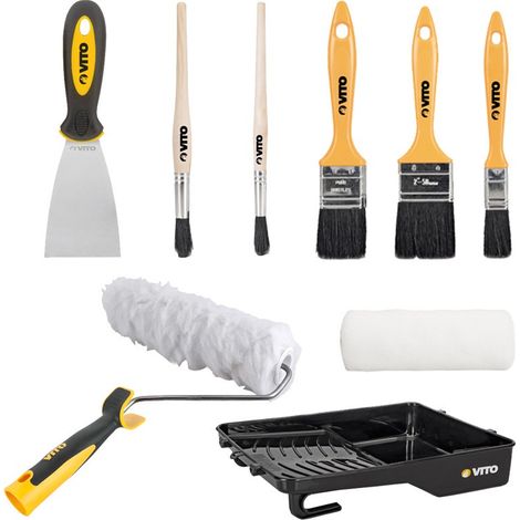 KIT 9 Outils Peinture Bac peinture Rouleau mur sablés +recharge 3 pinceaux plats 2 pinceaux Spatule acier VITO