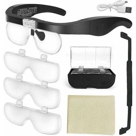 Magnifying Glass with 2 LED Lights, Hands-Free Front Magnification for Sewing, Reading, Repairing, Jewelry, Watches and Crafts, 4 Removable Lenses MUMU (1/4)