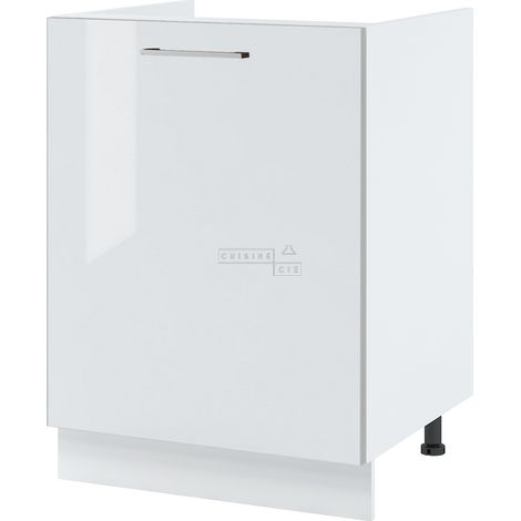 Cuisineandcie – Meuble sous-évier blanc brillant 1 porte L 60 cm – Finition brillante proche du verre – Charnières renforcées et réglables – Amortisseurs silencieux (1/5)