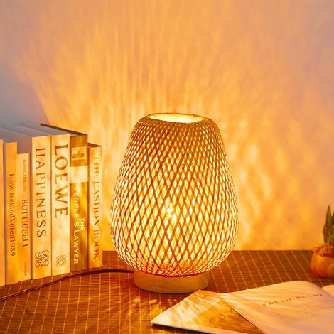 Handgefertigte Bambus-Tischlampe, geflochtene Schreibtischlampe mit Stecker, Boho-Tischlampen für Schlafzimmer, Nachttischlampe