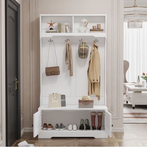 MEUBLIV Mueble de entrada blanco 101,5x47x183 cm – banco, 4 ganchos y almacenaje (1/5)