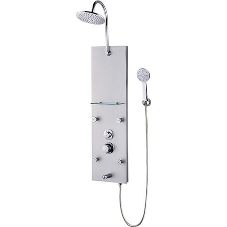 Edouard Rousseau – Colonne de douche hydromassante Fatae 2 – Aluminium – 4 sorties de massage – Douchette 1 jet pluie – Bec de bain avec étagère en verre