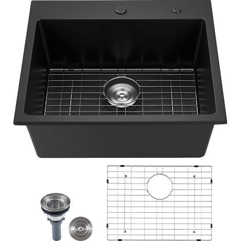 VEVOR Lavello da Cucina in Granito 635 x 559 x 254 mm per Montaggio a Superficie, Lavello da Cucina da Incasso in Stile Rurale con Accessori, per Camper, Cucine di Preparazione, Bar, Nero