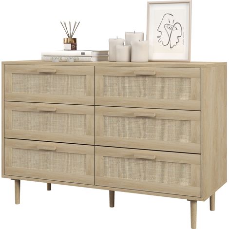 Cassettiera 6 Cassetti Stile Boho per Soggiorno e Camera da Letto 110x40x75 cm in Legno e Rattan Naturale (1/5)