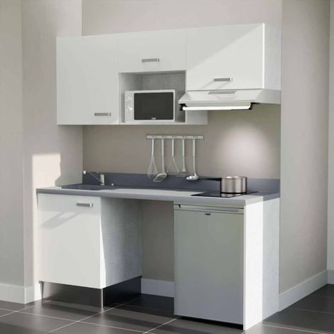 Kitchenette K55L - 180 cm - plan monobloc évier intégré Cromo- évier à gauche - Façades Blanc + Electroménager inclus coloris Inox