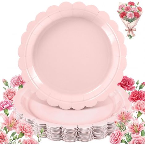 Lot de 30 Assiettes en carton, Bord festonné, Papier épais, Rose clair, Fête prénatale (1/5)