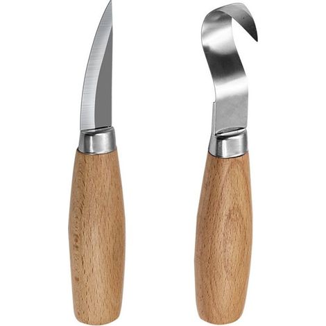 2 Pieces Wood Carving Hook Knife, Spoon Carving Knife Tools for Professional Spoon Carvers and Beginners, Right Handed Hook Knife and Fixed Knives (1/5)