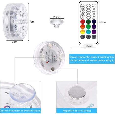 Luci LED per piscina Luci LED sommergibili, tempo di illuminazione 30-50 ore IP68 Impermeabile 16 colori RGB Lampade decorative che cambiano per acquari Vasca da bagno, vaso, piscine, stagni (4 pezzi) (1/4)