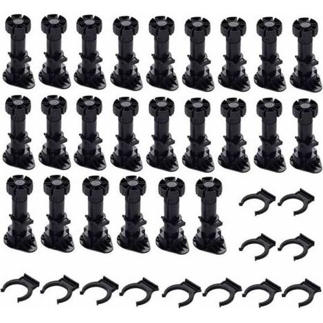 Pieds de meuble réglables en plastique noir, 24 pouces (60 cm), pour meubles de cuisine, armoires et canapés – Fixation rapide par socle à clip – Hauteur ajustable de 80 à 100 mm (1/5)