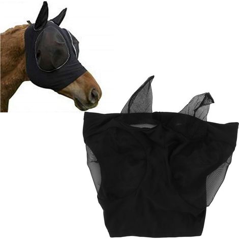 [Masque Anti-Insectes] Masque Élastique Respirant pour Cheval avec Protection d'Oreilles, Tissu Mesh, Noir, 44x36cm, 1 Pièce