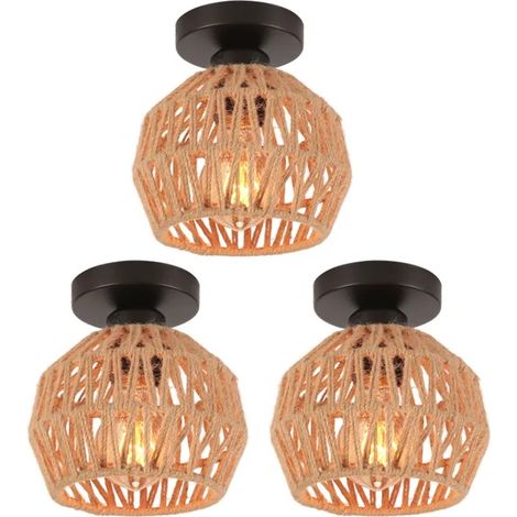Lot de 3 Rétro Plafonnier Industriel Couloir Lustre Vintage en Corde de Chanvre Abat-jour Design Cage pour Salon Chambre (1/5)