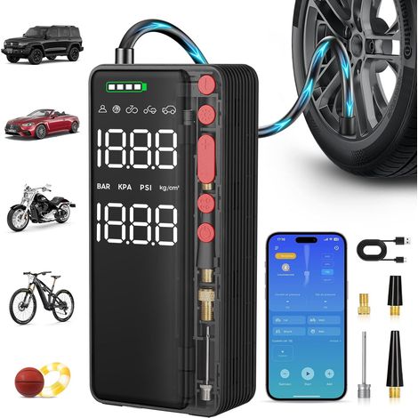 Wireless Car Tyre Inflator, 10000mAh Mini Portable Air Compressor, Electric Inflator, 150 PSI with Digital Screen and LED Lighting for Bicycle, Car, Motorcycle, Balloon (1/5)