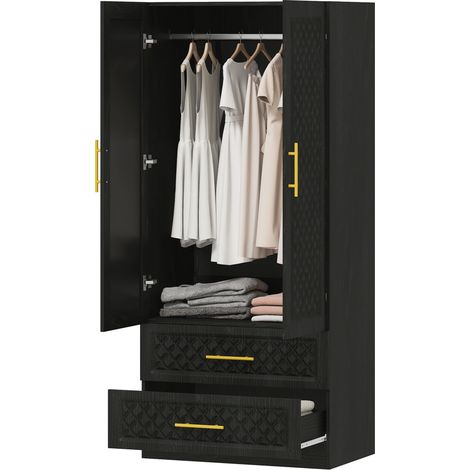 Armoire avec miroir, 2 portes et 2 tiroirs, motif losanges, penderie, 80 x 50 x 180 cm, noire (1/5)