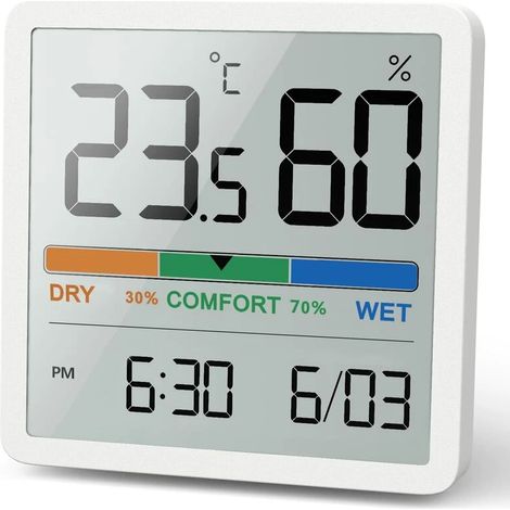Hygromètre et thermomètre d'intérieur, thermomètre numérique de bureau avec affichage de la température et de l'humidité, thermomètre d'ambiance précis avec horloge. (1/5)