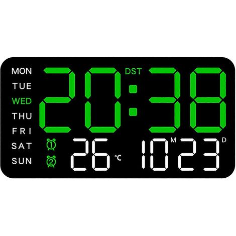 Horloge murale numérique sans cadre, alimentée par USB, à commande vocale, grand écran, double alarme, adaptée à une décoration moderne pour la maison ou le bureau, éclairage noir et vert. (1/5)