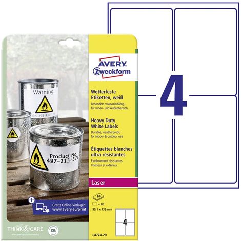 Avery-Zweckform L4774-20 Etichetta a pellicola 99.1 x 139 mm Pellicola in poliestere Bianco 80 pz. A tenuta permanente (1/5)