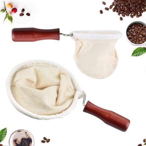 Lot de 2 filtres à café permanents : jaune clair, marron, avec manche en bois. Filtre à main réutilisable pour cafetières à filtre, thé et café. (1/5)