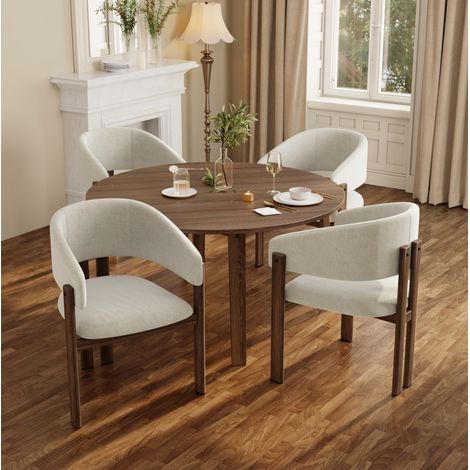 Set di 4 sedie da pranzo con braccioli in metallo effetto legno noce e tessuto lino beige (1/5)