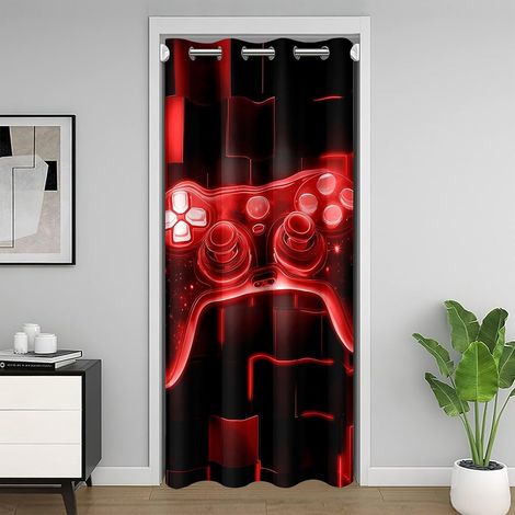 Rideau de Porte 106x203 Garcon Gaming Rouge, Rideaux Occultant Enfant Gamer Décoration Chambre Ado, Rideau de Placard Jeux Vidéo, Rideaux Intérieurs Carrée Géométrique Lumineuse Au Néon - 106L X 203H (1/5)