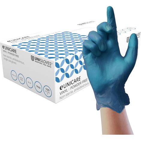 Unigloves Unicare Gants d'examen en vinyle bleu - Gants à usage multiple, sans poudre et sans latex - Boîte de 100 gants, bleu, taille XL (GS0085) (1/5)