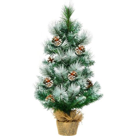 COSTWAY Mini Árbol de Navidad Artificial de 60cm Árbol de Navidad de Mesa con Base de Cemento y Puntas de PVC Decorativa de Nieve y Piñas (1/5)