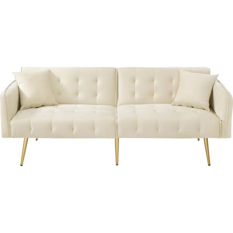 Divano letto 2 posti con schienale reclinabile e braccioli regolabili, velluto beige (1/5)