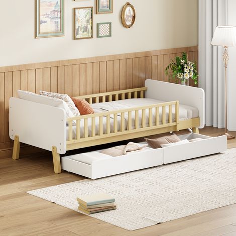 Lit enfant Lit simple 90x190 cm avec 2 tiroirs et sommier à lattes, en bois, blanc (1/5)