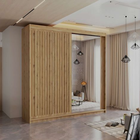 Royal 2 & 3 Door Sliding Mirror Wardrobe Modern Bedroom Storage - Oak/Oak150cm