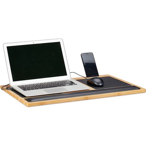 Relaxdays – Table pour ordinateur portable en bambou 60x40cm – Support smartphone et 2 tapis souris – Confort optimal pour travail à domicile (1/5)