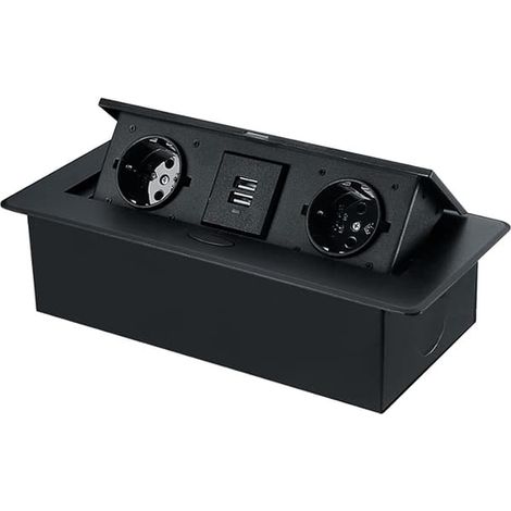 Multiprise de bureau encastrable, multiprise escamotable, multiprise multimédia dissimulée, boîtier multiprise multifonctionnel, 2 prises secteur + 2 ports USB, noir (1/5)