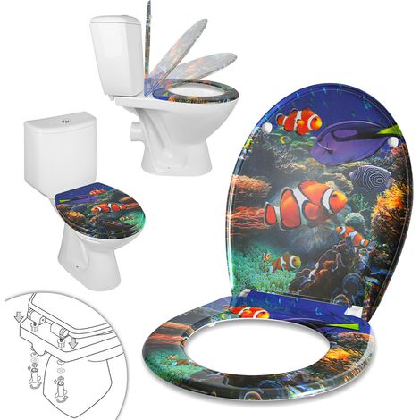 Wolketon Toilettendeckel WC-Sitz Klobrille mit Absenkautomatik, aus antibakteriellem Duroplast, einfache Montage, hohe Tragkraft, Universal Ovalform, Meereswelt Motiv Unterwasser Design (1/5)