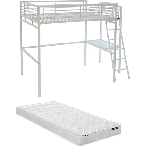 Letto a soppalco con piano scrivania 140 x 190 cm Bianco + Materasso - CASUAL II