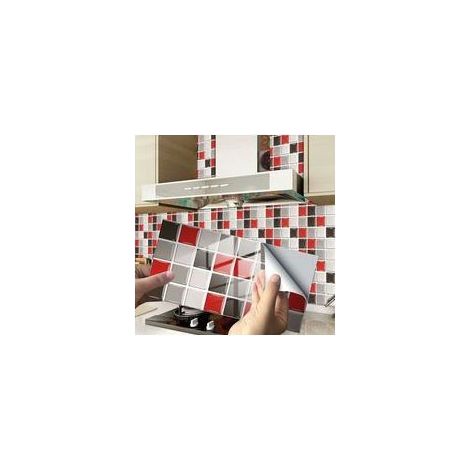 Azulejos decorativos adhesivos rectangulares para baño y cocina, diseño de mosaico de mármol, decoración adhesiva impermeable (mosaico rojo, 24 piezas) (1/5)
