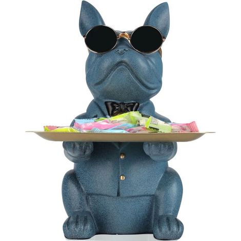 Statue de Rangement Bouledogue Bleu en Résine, Tirelire, Porte-clés, Décoration Maison, Plateau Multi-Objets, Idée Cadeau (1/5)