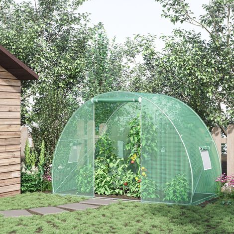 Tunnelgewächshaus mit Rolltor und 2 Fenstern, Gartengewächshaus mit PE-Abdeckung und Stahlrahmen, 1,5 x 3 x 2 m, Grün