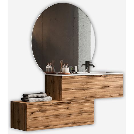 Mobile bagno sospeso con lavabo e specchio led Solmira - Legno Naturale